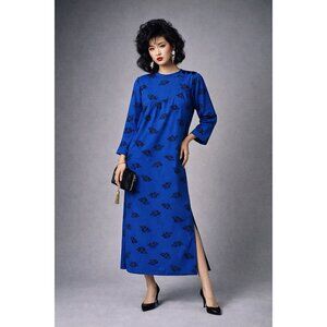 vintage 80s ASIAN INSPIRED DRESS blue black floral SMALL kimono Japanese